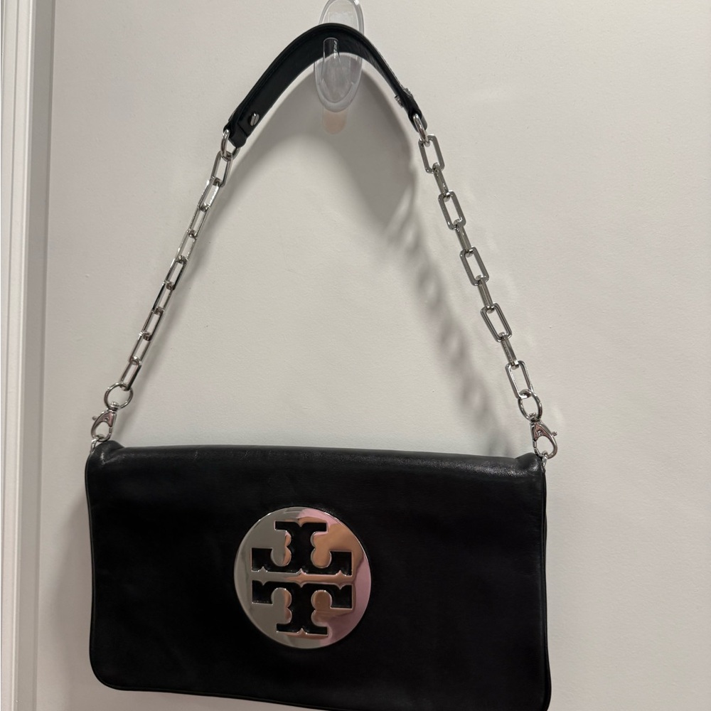 Tory Burch Black Leather Shoulder Bag with Silver Logo Medallion
